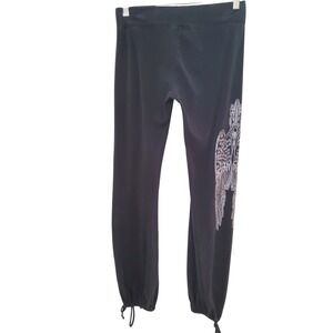 VTG Y2K Black Graphic Jogger Pants Angel Wings Drawstring Waist
